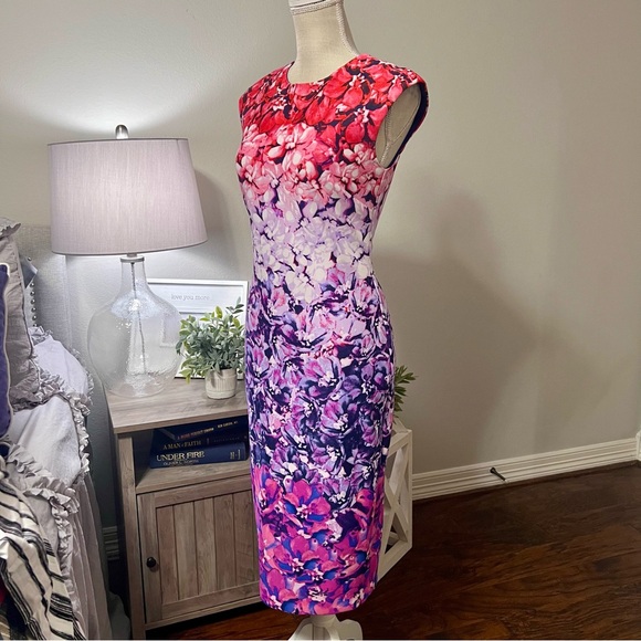 Vince Camuto Stunning Silhouette Vibrant Watercolor Bouquet Cap Sleeve Size 0 - Picture 6 of 13